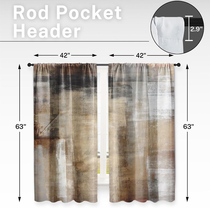 Tayney Brown Beige Painting Kitchen Curtains 63 Inch Length Grey Window Curtains Over Sink Set of 2, Contemporary Curtain for Bedroom Living Room, Abstract Kitchen Decor 42x63 Inch - Image 2